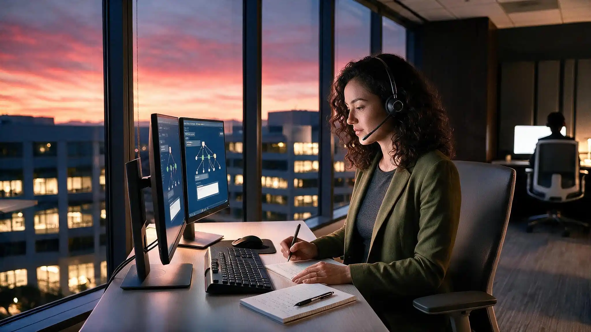 Financial institution answering service operator at desk